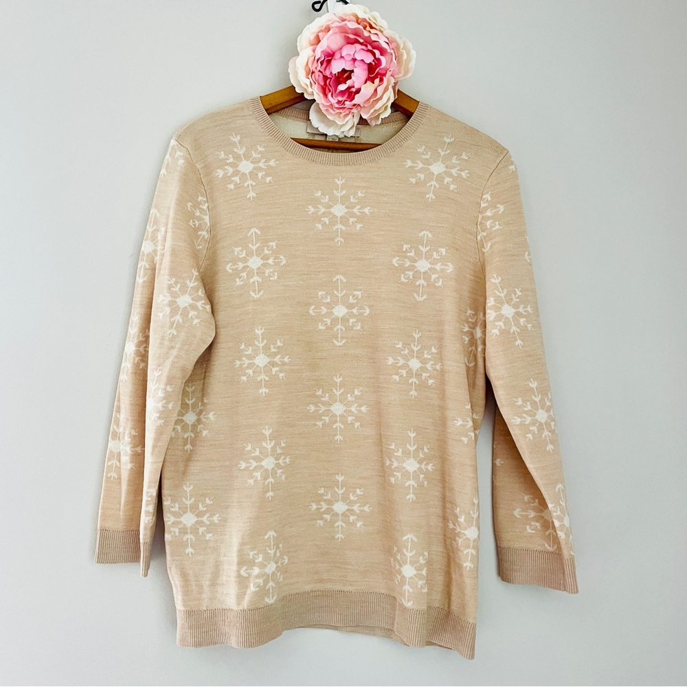 LOFT Cream Floral Crew Neck Sweater Wool Blend Large Snowflake